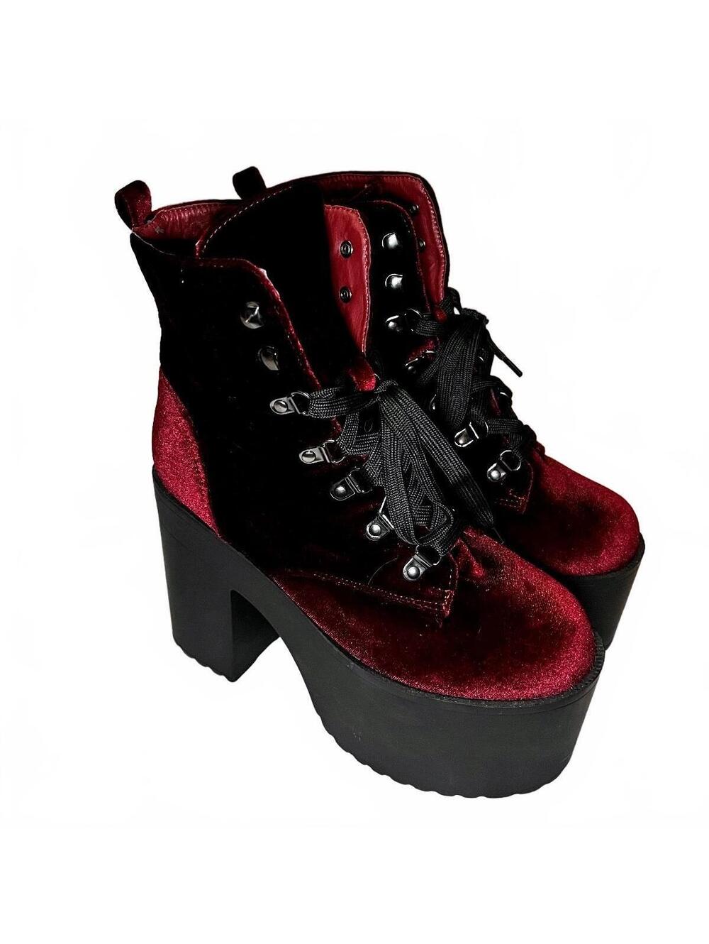 Hot Topic Women's Burgundy Velvet Platform Boots Size 8